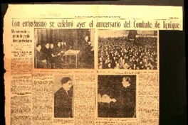 Con entusiasmo se celebró ayer el aniversario del combate naval de Iquique un renovado espíritu de verdadero patriotismo : a mediodía se entregó el premio literario municipal : Gabriela Mistral dió un un recital poético para niños y obreros.