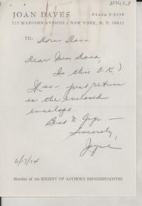 [Carta] 1974 June 17, New York, N. Y., [EE.UU.] [a] Doris Dana, [EE.UU.]