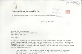 [Carta] 1974 Feb. 27, [New York, Estados Unidos] [a] Rights and Permissions, The Johns Hopkins University Press, Baltimore, MD.
