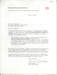 [Carta] 1974 Mar. 21, [New York, Estados Unidos] [a] Mrs. Josie Drecchio The Johns Hopkins University Press, Baltimore, Maryland