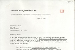 [Carta] 1974 May 3, [New York, Estados Unidos] [a] Miss Doris Dana, Box 784 Hildreth Lane, Bridgehampton, NY