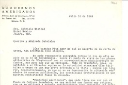 [Carta] 1949 jul. 18, [México, D.F.] [a] Gabriela Mistral, Jalapa, Ver[acruz], [México]