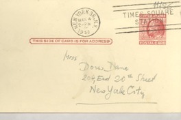 [Tarjeta] 1958 Mar. 4, [New York, Estados Unidos] [a] Miss Doris Dana, New York City