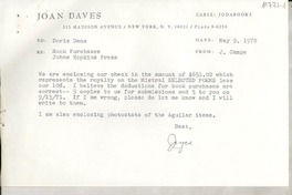 [Recibo] 1972 May 9, New York, N. Y., [EE.UU.] [a] Doris Dana, [EE.UU.]