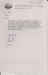 [Carta] 1971 May 21, [Baltimore, Maryland, Estados Unidos] [a] Doris [Dana]