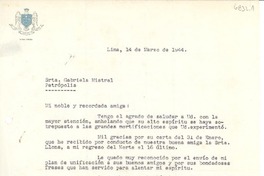 [Carta] 1944 mar. 14, Lima, [Perú] [a] Gabriela Mistral, Petrópolis, [Brasil]