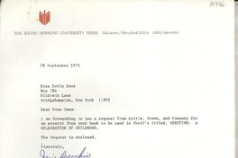 [Carta] 1973 Sept. 28, Baltimore, Maryland, [EE.UU.] [a] Miss Doris Dana, Hildreth Lane, Bridgehampton, New York, [EE.UU.]