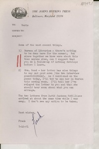 [Carta] 1971 July 16, Baltimore, Maryland, [EE.UU.] [a] Doris [Dana], [EE.UU.]