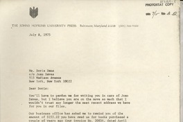 [Carta] 1975 July 8, Baltimore, Maryland, [EE.UU.] [a] Ms. Doris Dana, New York, New York, [EE.UU.]