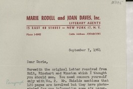 [Carta] 1961 Sept. 7, New York, N. Y., [EE.UU.] [a] Miss Doris Dana, Pound Ridge, N. Y., [EE.UU.]