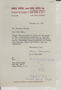 [Carta] 1962 Feb. 15, New York, N. Y., [EE.UU.] [a] Miss Doris Dana, Pound Ridge, N. Y., [EE.UU.]