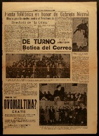 Fiesta folklórica en honor de Gabriela Mistral ofreció ayer a la excelsa poetisa el Presidente del Directorio de "La Crónica".