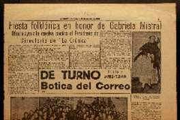 Fiesta folklórica en honor de Gabriela Mistral ofreció ayer a la excelsa poetisa el Presidente del Directorio de "La Crónica".