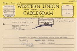[Telegrama] 1953 ago. 27, [Estados Unidos] [a] Julieta de Lima y Silva, Petrópolis, Est. do Rio, Brasil