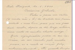[Carta] 1944 jun. 20, Belo Horizonte, [Brasil] [a] Gabriela Mistral