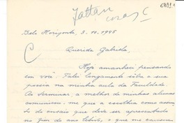 [Carta] 1945 oct. 3, Belo Horizonte, [Brasil] [a] Gabriela Mistral