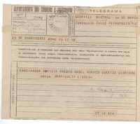 [Telegrama] 1945 nov. 18, Belo Horizonte [a] Gabriela Mistral, Petrópolis