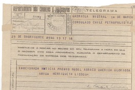 [Telegrama] 1945 nov. 18, Belo Horizonte [a] Gabriela Mistral, Petrópolis
