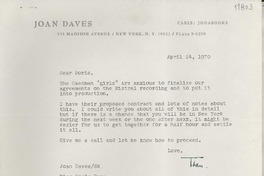 [Carta] 1970 Apr. 24, [New York, Estados Unidos] [a] Miss Doris Dana, Box 188, Hildreth Lane, Bridgehampton, New York