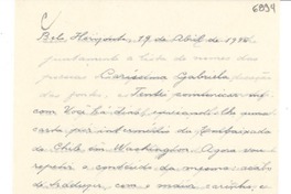 [Carta] 1946 abr. 19, Belo Horizonte, [Brasil] [a] Gabriela Mistral