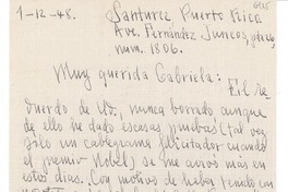 [Carta] 1948 dic. 1, Santurce, Puerto Rico [a] Gabriela [Mistral], [Santa Bárbara, EE.UU.]