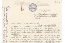 [Carta] 1951 ago. 18, Santurce, Puerto Rico [a] Gabriela [Mistral]