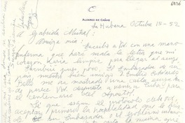 [Carta] 1952 oct. 15, La Habana, [Cuba] [a] Gabriela Mistral
