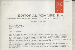 [Carta] 1967 dic. 18, Barcelona, España [a] Doris Dana, Hack Green Road, Pound Ridge, N. Y., [EE.UU.]