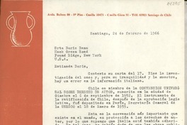 [Carta] 1966 feb. 24, Santiago, Chile [a la] Srta. Doris Dana, Hack Green Road, Pound Ridge, New York, [EE.UU.]