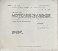 [Carta] 1967 Oct. 27, New York, N. Y., [EE.UU.] [a] Miss Doris Dana, Hack Green Rd, Pound Ridge, N. Y., [EE.UU.]