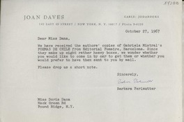 [Carta] 1967 Oct. 27, New York, N. Y., [EE.UU.] [a] Miss Doris Dana, Hack Green Rd, Pound Ridge, N. Y., [EE.UU.]