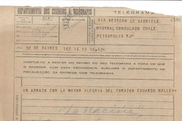 [Telegrama] 1945 nov. 16, Buenos Aires [a] Gabriela Mistral, Petrópolis
