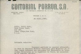 [Carta] 1965 abr. 26, Av. República Argentina, México D.F., México [a la] Srita. Doris Dana, Hack Green Road, Pound Ridge, New York, [EE.UU.]