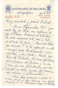[Carta] 1951 ago. 28, [New Delhi, India] [a] Gabriela [Mistral], [Rapallo, Italia]