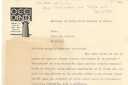 [Carta] 1953 oct. 23, Santiago, Chile [a] Gabriela Mistral
