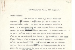 [Carta] Aug. 8, 122 Washongton [i.e. Washington] Place, NYC, [EE.UU.] [a] Gabriela [Mistral]