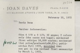 [Carta] 1972 Feb. 10, 515 Madison Avenue, New York, N.Y. 10022, Plaza 9-6250, [EE.UU.] [a] Doris Dana