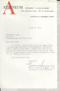 [Carta] 1972 Mar. 14, 122 East 42 street, New York city 10017, [EE.UU.] [a] Miss Doris Dana, Box 784, Bridgehampton, New York 11932, [EE.UU.]