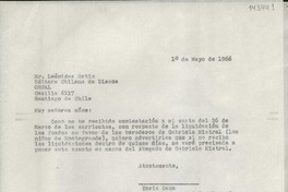 [Carta] 1966 mayo 1, Hack Green Road, Pound Ridge, New York, [Estados Unidos] [a] Sr. Leónidas Ortiz, Editora Chilena de Discos, ORPAL, Casilla 6117, Santiago de Chile