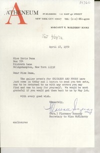 [Carta] 1972 Apr. 18, 122 East 42 street, New York city 10017, [EE.UU.] [a] Miss Doris Dana, Box 784, Hildreth Lane, Bridgehampton, New York 11932, [EE.UU.]