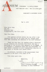 [Carta] 1972 May 2, 122 East 42 street, New York city 10017, [Estados Unidos] [a] Miss Doris Dana, Box 784, Hildreth Lane, Bridgehampton, New York 11932