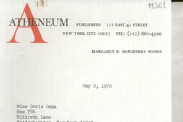 [Carta] 1972 May 2, 122 East 42 street, New York city 10017, [Estados Unidos] [a] Miss Doris Dana, Box 784, Hildreth Lane, Bridgehampton, New York 11932