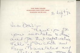 [Carta] 1972 Sept. 2, The Farm House, Moriches, New York 11955, [EE.UU.] [a] Dear Doris [Dana]