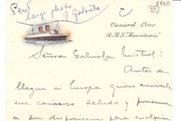 [Carta] 1953 a bordo del R.M.S. "Mauretania" [a] Gabriela Mistral