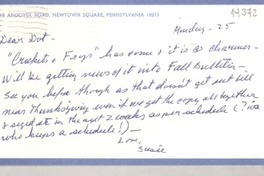 [Tarjeta] 1972 Sept. 25, Newtown Square, Pennsylvania, [Estados Unidos] [a] Miss Doris Dana, Box 784, Hildreth Lane, Bridgehampton, NY 11932