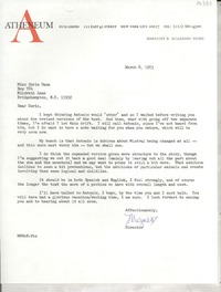 [Carta] 1973 Mar. 8, 122 East 42 street, New York City 10017, [EE.UU.] [a] Miss Doris Dana, Box 784, Hildreth Lane, Bridgehampton, N. Y. 11932, [EE.UU.]