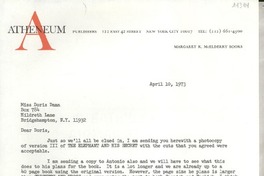 [Carta] 1973 Apr. 10, 122 East 42 street, New York City 10017, [EE.UU.] [a] Miss Doris Dana, Box 784, Hildreth Lane, Bridgehampton, N. Y. 11932, [EE.UU.]