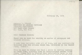 [Carta] 1973 Feb. 20, Box 784, Hildreth Lane, Bridgehampton, New York 11932, [EE.UU.] [a] Suzanne M. Glazer, Director of Library Services, Atheneum Publishers, 122 East 42nd Street, New York, New York, [EE.UU.]