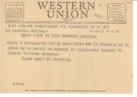 [Telegrama] 1947 mar. 29, Cauquenes, [Chile] [a] Gabriela Mistral, Monrovia, Calif., [EE.UU.]