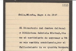 [Carta] 1947 mayo 4, Vicuña, Chile [a] Gabriela Mistral